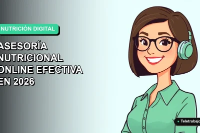 Mujer profesional feliz con asesoría nutricional virtual efectiva, ilustración plana corporativa estilo Memphis, fondo degradado suave.