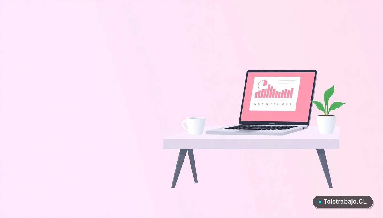 Escritorio moderno minimalista con laptop, taza de café y planta, representando el espacio de trabajo para una asesoría nutricional online efectiva.