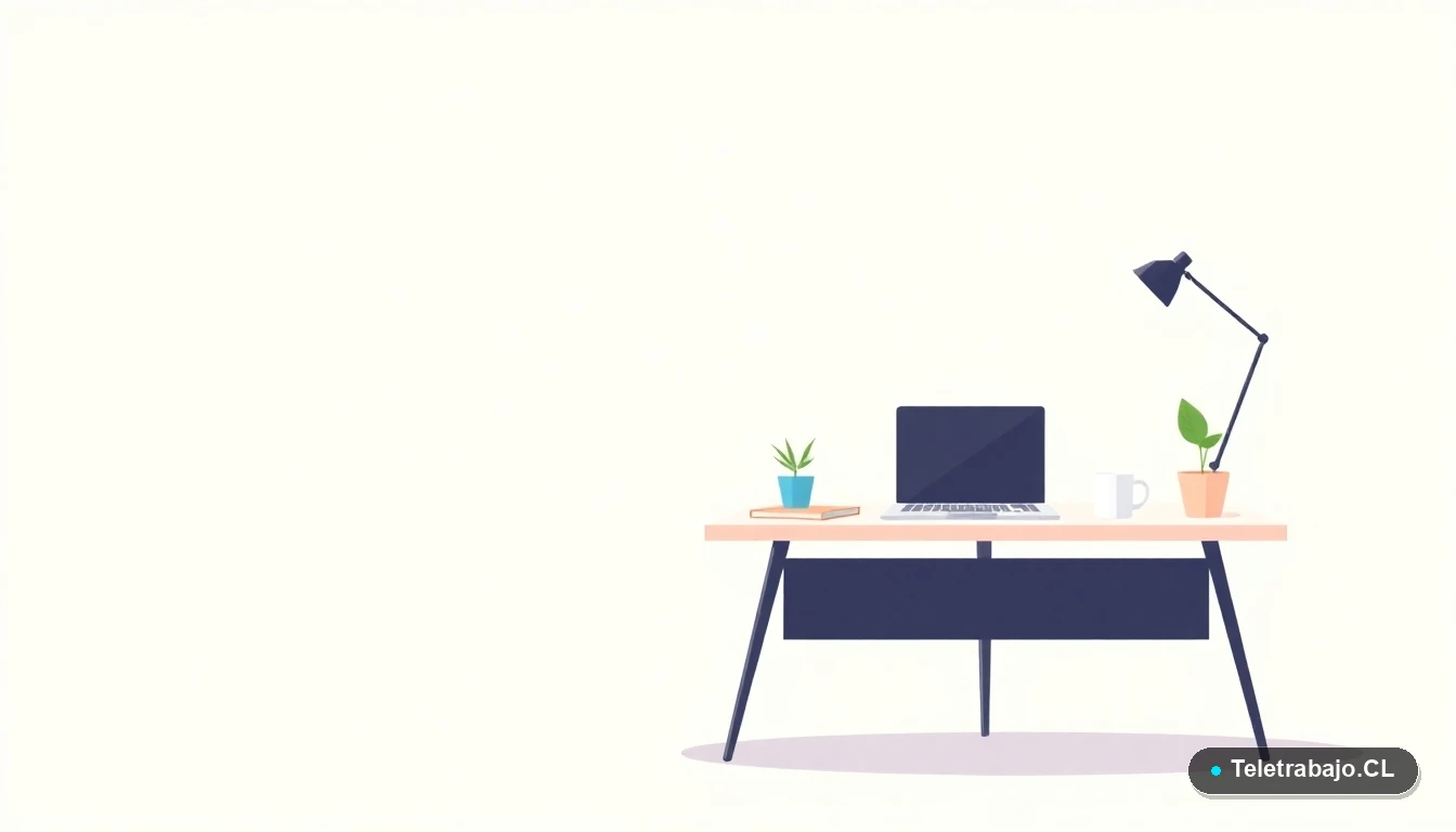 Escritorio moderno minimalista vacío con laptop, taza de café y planta, en estilo de ilustración vectorial plana, para contenido sobre el entorno de trabajo de un Asistente Virtual.