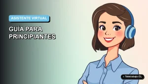 Ilustración plana de una mujer profesional de teletrabajo, con blusa azul y peinado moderno, sobre fondo degradado suave azul y blanco.