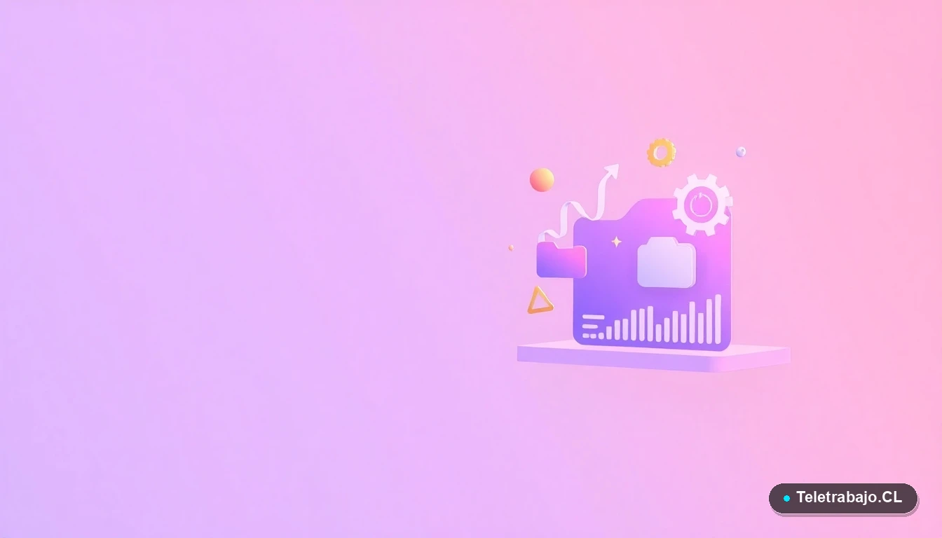Interfaz de usuario abstracta con gráficos, engranajes y carpetas flotantes en tonos lavanda y durazno, sobre fondo degradado lila.