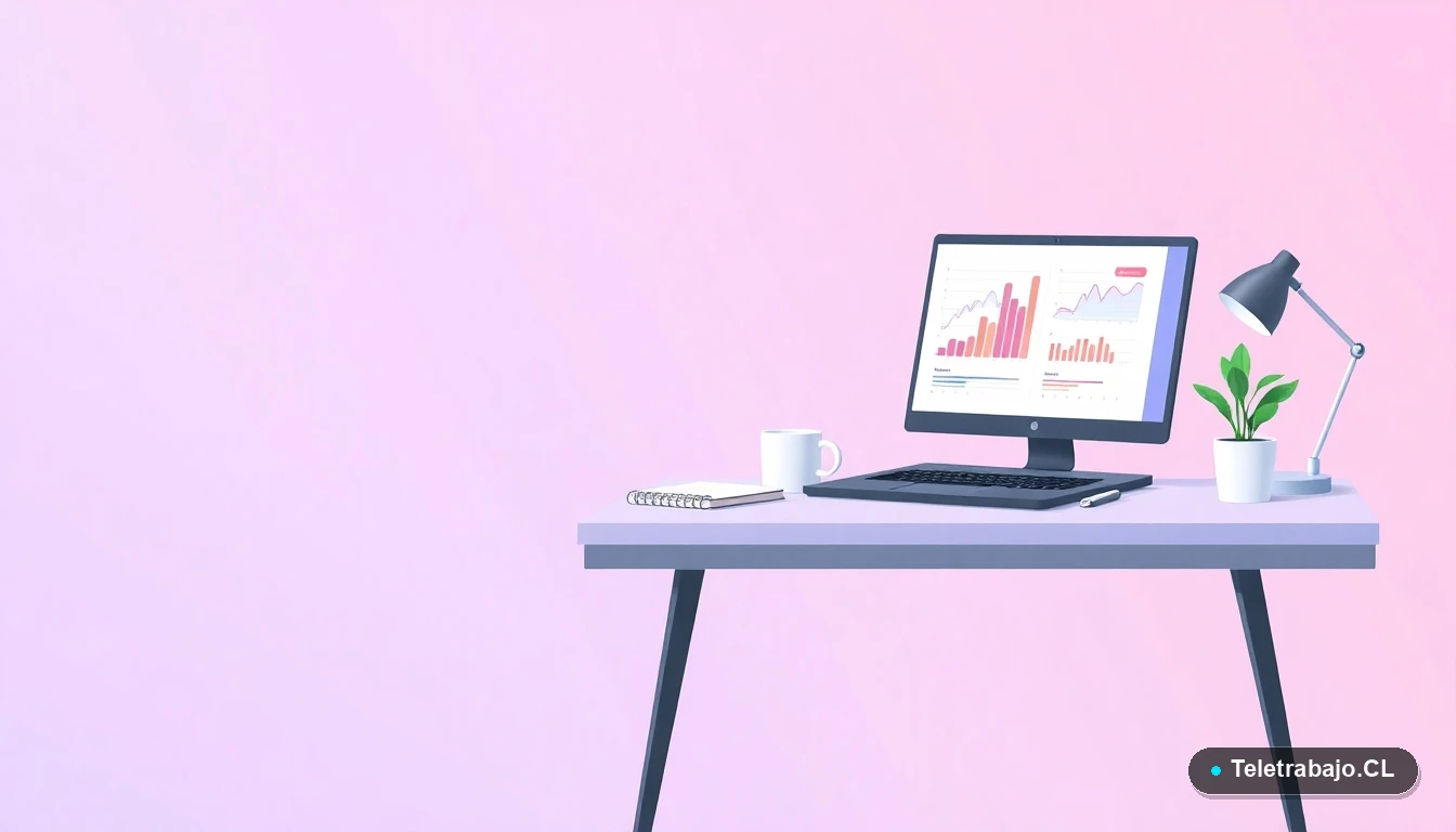 Escritorio moderno minimalista para teletrabajo con laptop, gráficos abstractos, taza de café y planta, sobre fondo degradado lila y durazno vacío.