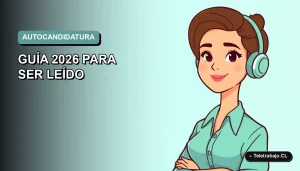 Ilustración plana de mujer profesional chilena trabajando de forma remota, con fondo degradado azul verdoso, concepto para guía de autocandidatura laboral.