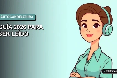 Ilustración plana de mujer profesional chilena trabajando de forma remota, con fondo degradado azul verdoso, concepto para guía de autocandidatura laboral.