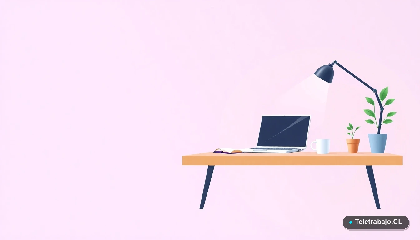 Escritorio moderno minimalista para trabajo remoto con laptop y elementos de oficina, fondo degradado lila, concepto de productividad y postulación profesional.