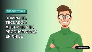 Ilustración vectorial plana de un trabajador remoto masculino con suéter verde y anteojos, sonriendo, sobre un fondo de gradiente suave azul verdoso. A la derecha, espacio negativo a la izquierda.