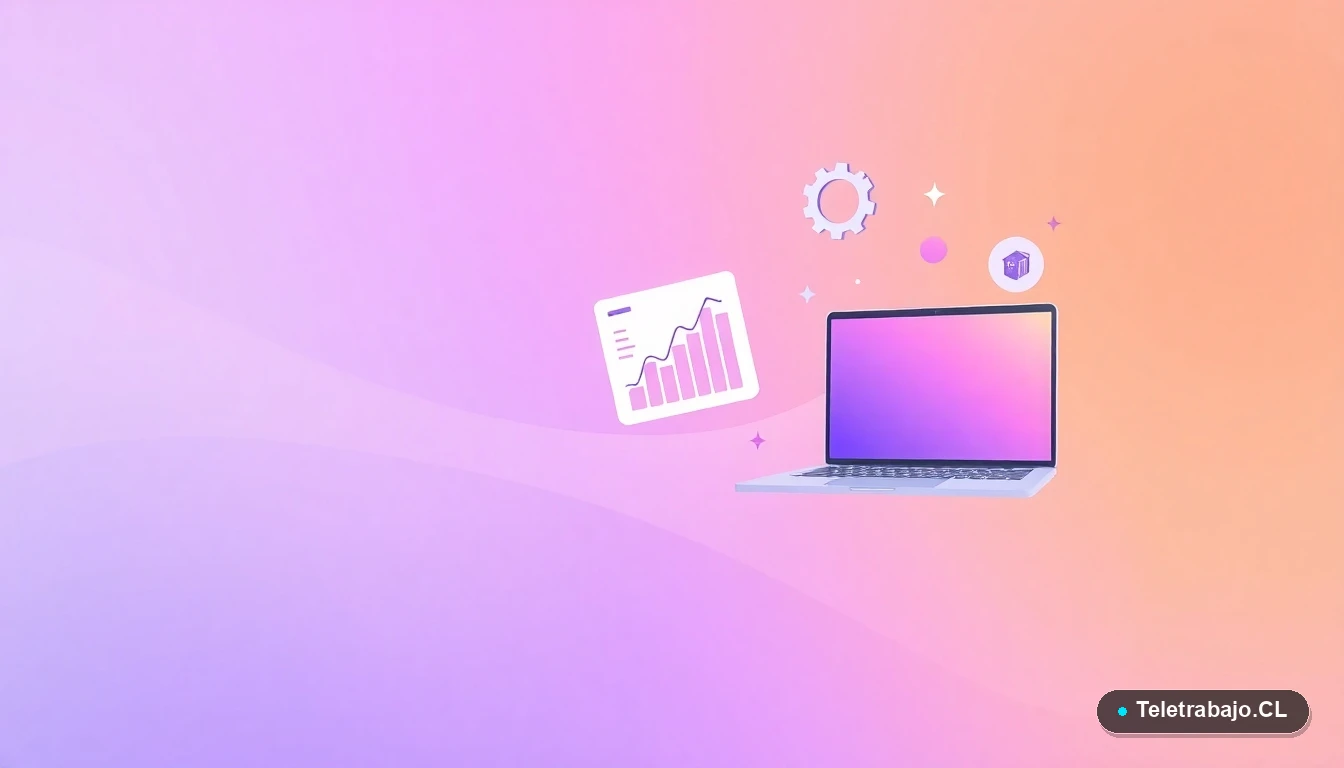 Composición abstracta de interfaz de usuario tecnológica con gráficos de Excel, un ícono de laptop y engranajes flotantes en colores lavanda y durazno, sobre un fondo de gradiente suave.