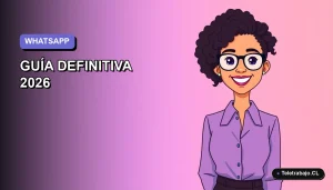 Ilustración plana corporativa de una trabajadora de atención al cliente remota sonriendo, con fondo degradado lila.