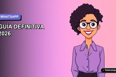 Ilustración plana corporativa de una trabajadora de atención al cliente remota sonriendo, con fondo degradado lila.