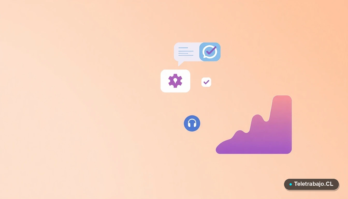 Ilustración abstracta de elementos de UI tecnológica como burbujas de chat y gráficos, con fondo degradado melocotón.