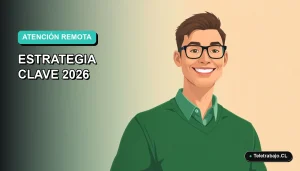 Ilustración plana corporativa de un trabajador remoto masculino con suéter verde, sobre un fondo degradado azul y verde, representando la atención al cliente del futuro.