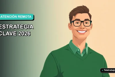 Ilustración plana corporativa de un trabajador remoto masculino con suéter verde, sobre un fondo degradado azul y verde, representando la atención al cliente del futuro.