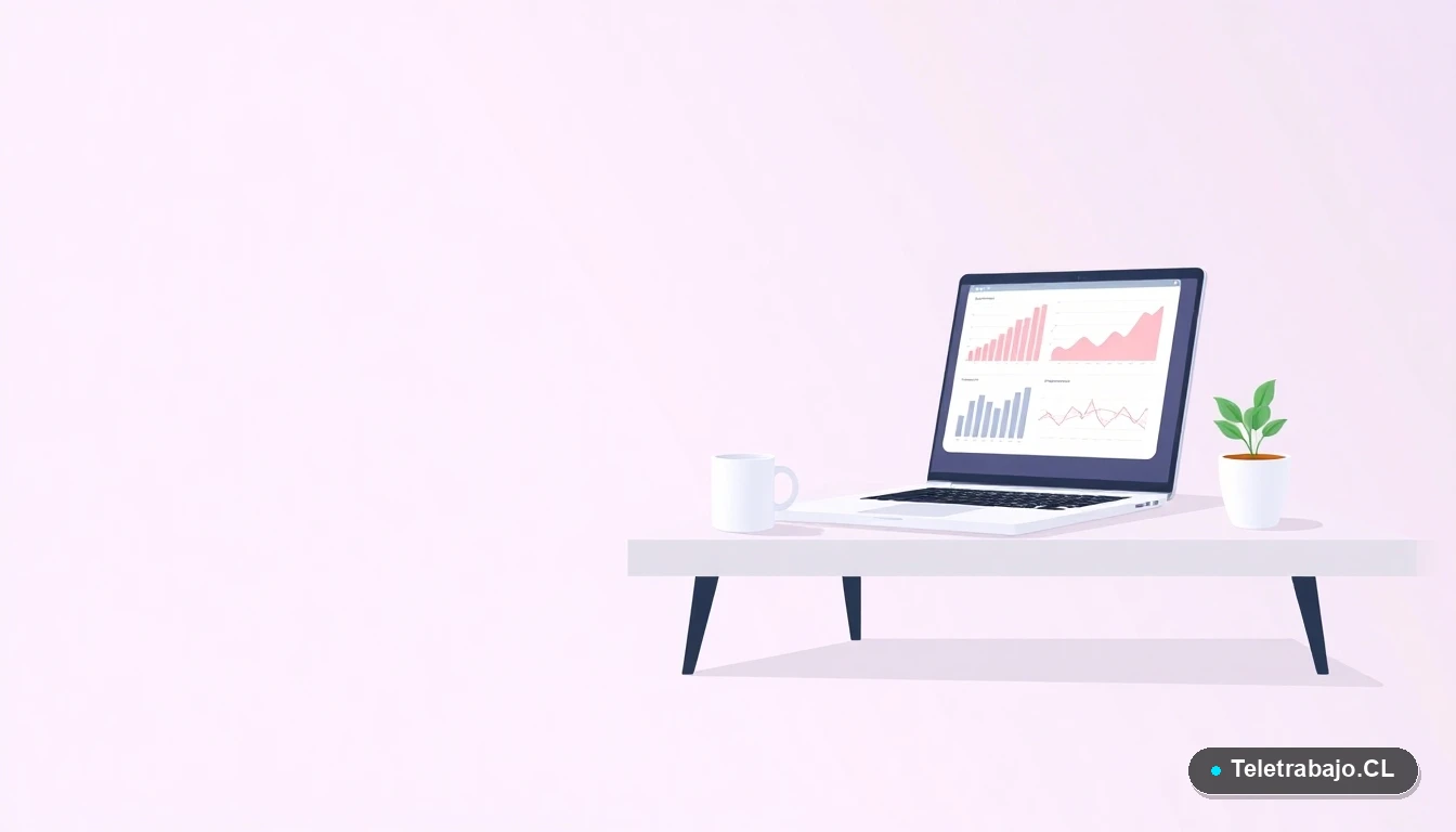 Escritorio moderno minimalista para trabajo remoto con laptop, taza y planta, sobre fondo degradado lila, concepto de espacio de trabajo digital eficiente.