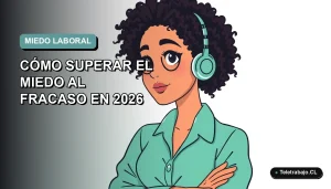 Ilustración plana corporativa de una mujer profesional de teletrabajo con expresión pensativa, sobre fondo degradado suave teal y blanco.