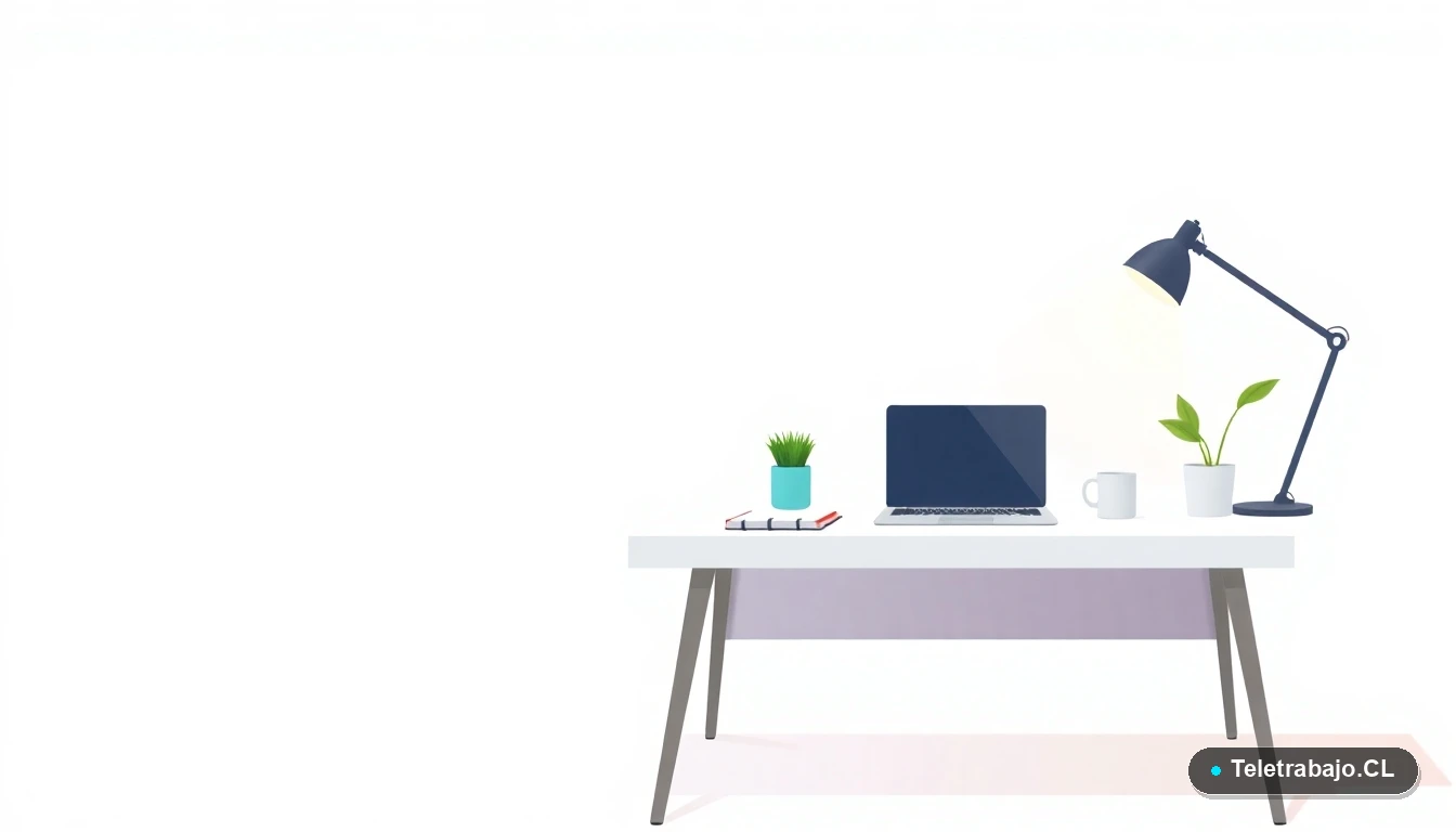 Escritorio moderno minimalista para teletrabajo con laptop, cuaderno, taza de café y planta, sobre fondo degradado menta.