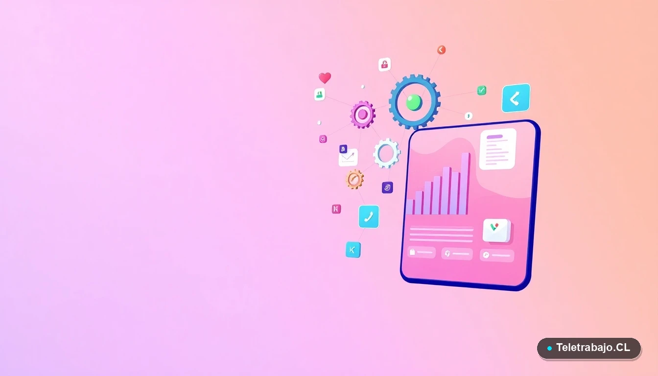 Composición abstracta de interfaz de usuario tecnológica con gráficos y iconos flotantes, ilustración plana con fondo degradado lila y durazno.