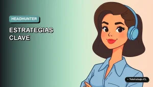 Ilustración plana corporativa de una mujer profesional de teletrabajo con blusa azul, mirando confiada, sobre fondo degradado suave azul verdoso.