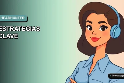 Ilustración plana corporativa de una mujer profesional de teletrabajo con blusa azul, mirando confiada, sobre fondo degradado suave azul verdoso.