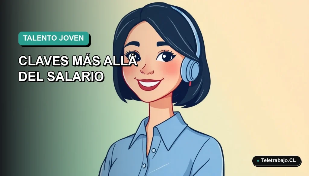 Ilustración plana vectorial de una mujer joven profesional con blusa azul y corte bob, sonriendo, sobre fondo degradado verde azulado, concepto de reclutamiento de talento joven.