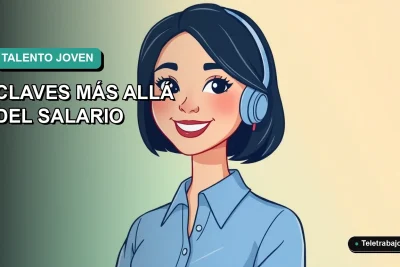 Ilustración plana vectorial de una mujer joven profesional con blusa azul y corte bob, sonriendo, sobre fondo degradado verde azulado, concepto de reclutamiento de talento joven.