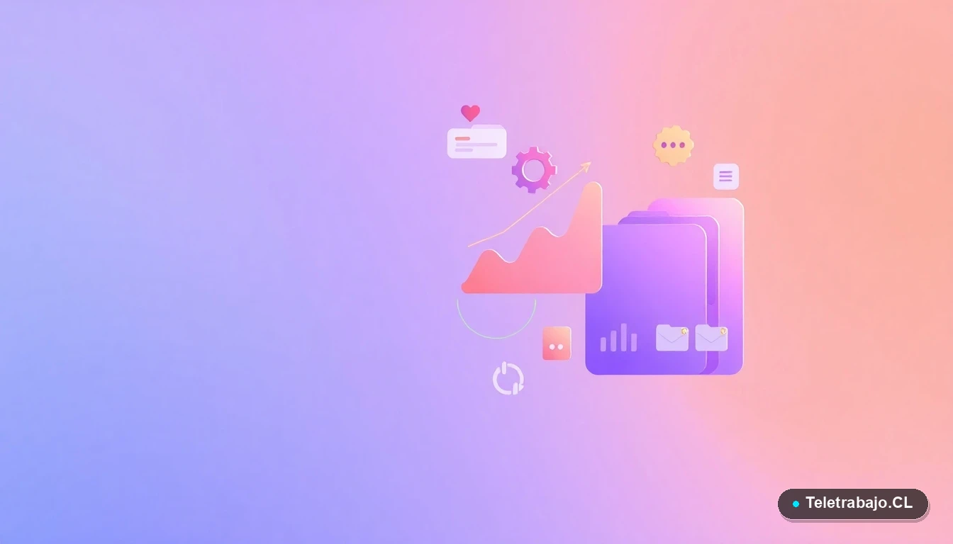 Composición abstracta de interfaz de usuario con gráficos flotantes, un engranaje y carpetas, en tonos lavanda y durazno, sobre fondo degradado, concepto de tecnología y procesos innovadores.