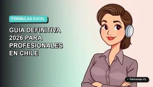 Ilustración plana de un profesional chileno revisando fórmulas de Excel en su computador portátil, fondo con gradiente suave.