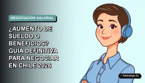 Ilustración vectorial plana de una mujer profesional chilena con blusa azul y pelo corto, sobre fondo degradado suave, representando la negociación laboral.
