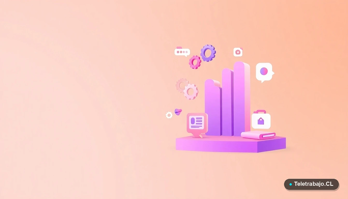 Composición abstracta de interfaz de usuario con gráficos flotantes y engranajes estilizados en colores lavanda y durazno, sobre fondo degradado, concepto de negociación y beneficios.