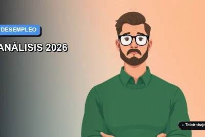 Ilustración vectorial plana de un trabajador masculino de tecnología con suéter verde mirando con preocupación, sobre un fondo degradado azul y gris. Espacio negativo a la izquierda.