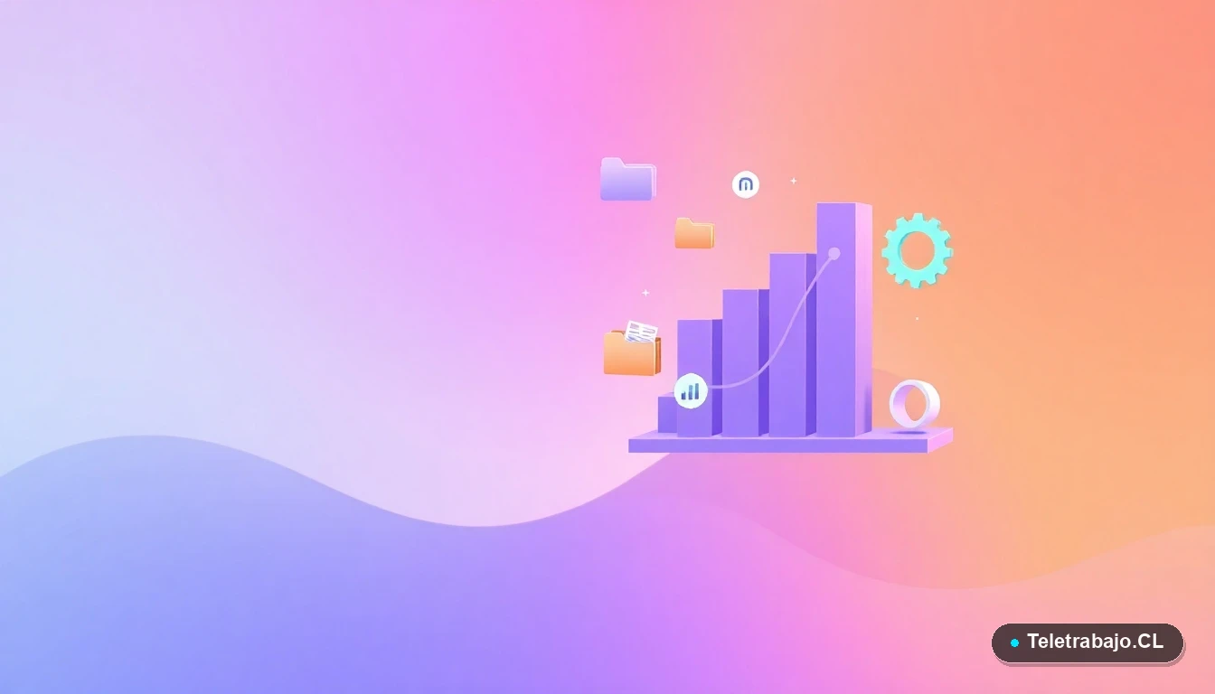 Composición abstracta de interfaz de usuario con gráficos flotantes, carpetas y un engranaje, representando análisis de datos de empleo, sobre un fondo degradado lavanda y durazno.