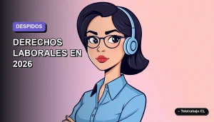 Ilustración plana corporativa de una mujer profesional con blusa azul, expresión seria, sobre fondo degradado lavanda. Espacio negativo a la izquierda.