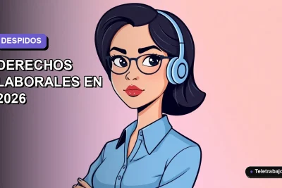 Ilustración plana corporativa de una mujer profesional con blusa azul, expresión seria, sobre fondo degradado lavanda. Espacio negativo a la izquierda.