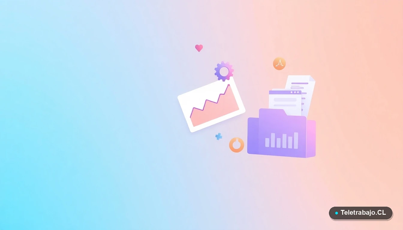 Composición abstracta de interfaz de usuario con gráficos flotantes y carpetas digitales, estilo ilustración plana corporativa, sobre fondo degradado verde azulado.