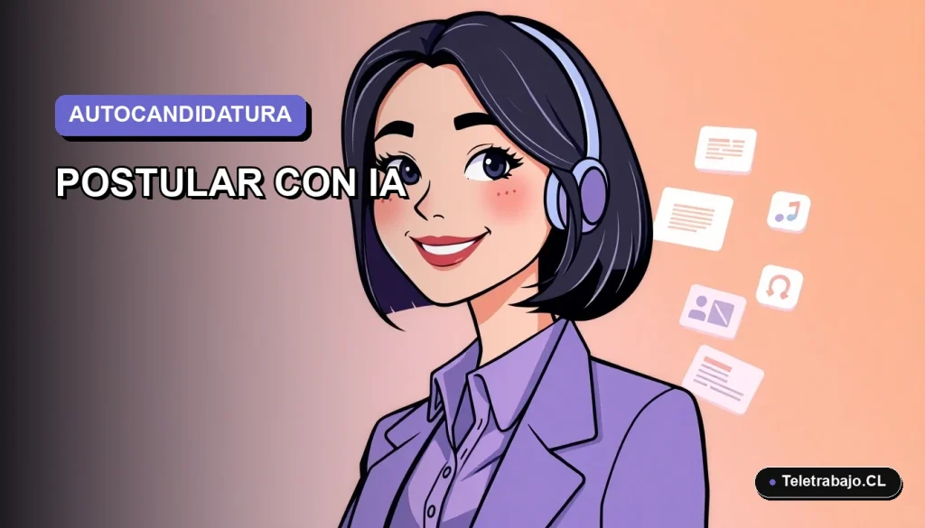 Ilustración vectorial plana de estilo Corporate Memphis de una mujer profesional chilena usando inteligencia artificial para postular a un trabajo, sobre fondo degradado lila y azul.