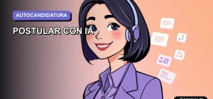 Ilustración vectorial plana de estilo Corporate Memphis de una mujer profesional chilena usando inteligencia artificial para postular a un trabajo, sobre fondo degradado lila y azul.