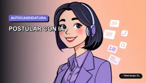 Ilustración vectorial plana de estilo Corporate Memphis de una mujer profesional chilena usando inteligencia artificial para postular a un trabajo, sobre fondo degradado lila y azul.