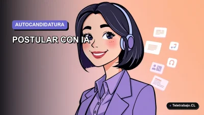 Ilustración vectorial plana de estilo Corporate Memphis de una mujer profesional chilena usando inteligencia artificial para postular a un trabajo, sobre fondo degradado lila y azul.
