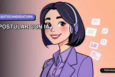 Ilustración vectorial plana de estilo Corporate Memphis de una mujer profesional chilena usando inteligencia artificial para postular a un trabajo, sobre fondo degradado lila y azul.