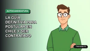 Ilustración vectorial plana de un trabajador masculino de tecnología con suéter verde, sobre un fondo degradado suave, representando la guía definitiva para postular a trabajos en Chile.