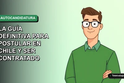 Ilustración vectorial plana de un trabajador masculino de tecnología con suéter verde, sobre un fondo degradado suave, representando la guía definitiva para postular a trabajos en Chile.