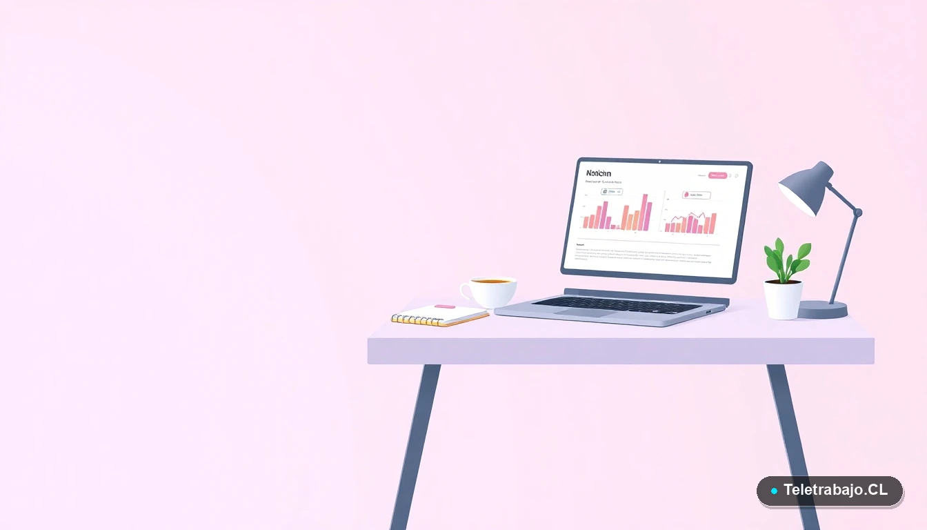 Ilustración de un escritorio moderno y minimalista con laptop, gráficos, una taza de café y una planta, sobre fondo degradado lila, concepto de espacio de trabajo profesional para postulación laboral.