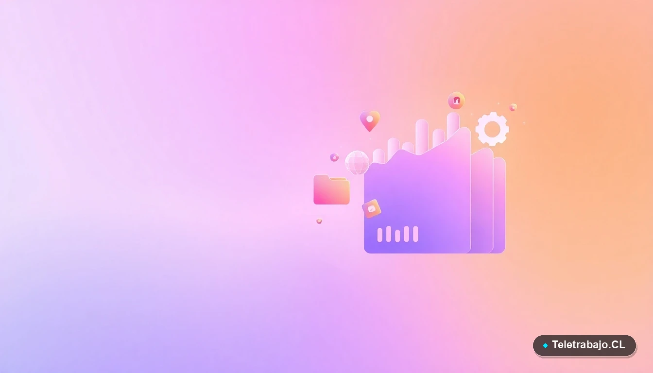 Composición abstracta de interfaz de usuario tecnológica con gráficos, engranajes y carpetas flotantes en tonos lavanda y durazno, sobre un fondo con gradiente.