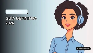 Ilustración plana vectorial de mujer profesional de teletrabajo con blusa azul, sobre fondo degradado suave azul claro. Concepto de autoliderazgo y productividad.