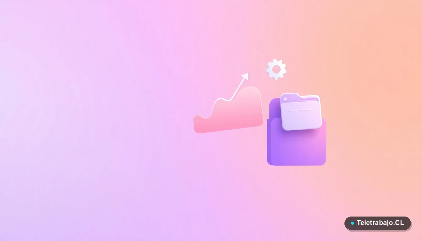 Composición abstracta de interfaz de usuario tecnológica con gráficos flotantes y engranajes estilizados en colores lavanda y durazno, sobre fondo degradado. Concepto de datos, productividad y sistemas.