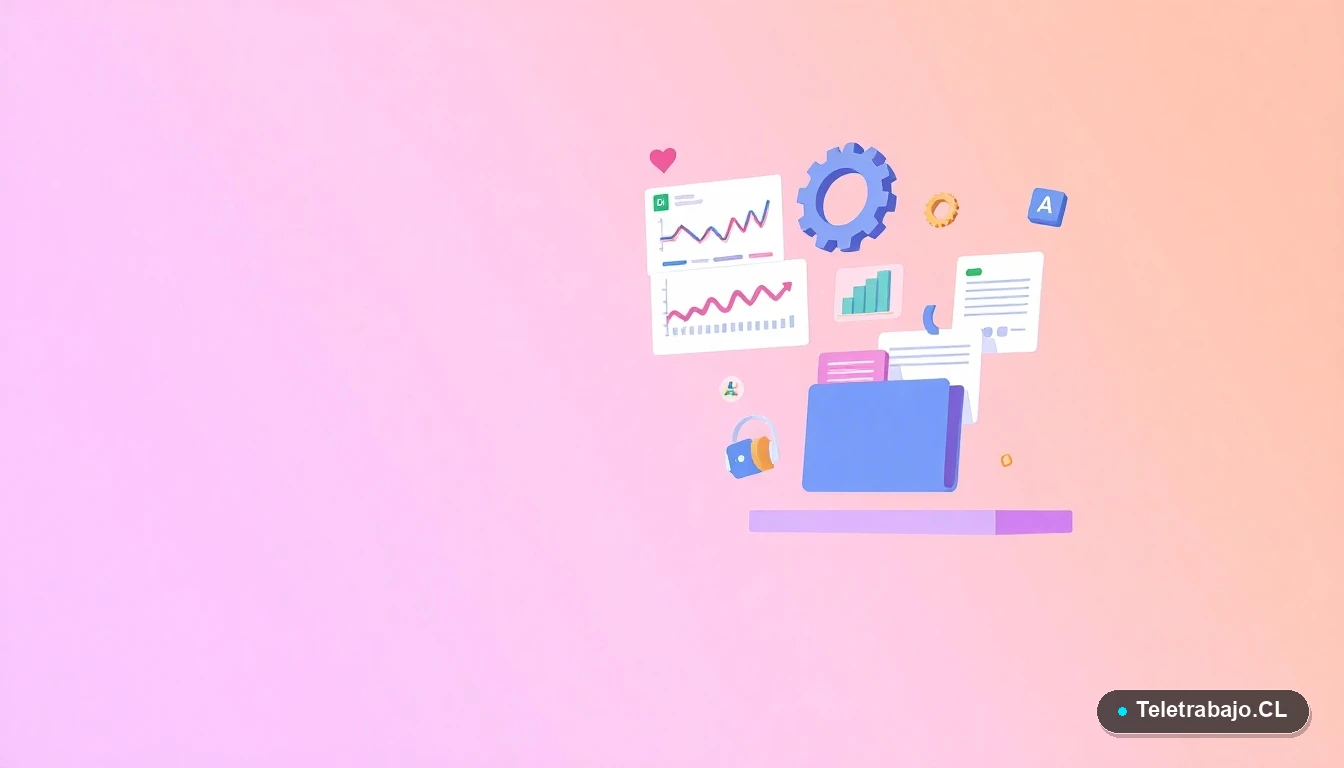 Elementos abstractos de interfaz de usuario tecnológica con gráficos de Excel y engranajes flotantes, representando la automatización de oficina.