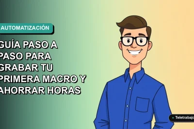 Ilustración vectorial plana de un trabajador chileno sonriendo, con camisa azul y anteojos, aprendiendo a automatizar Excel con macros. Fondo degradado suave en tonos teal.
