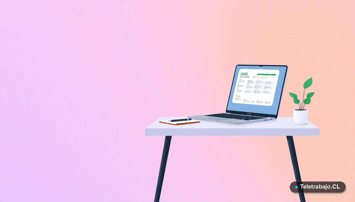 Escritorio moderno minimalista con laptop mostrando Excel y un botón de macro, junto a una planta. Ilustración vectorial plana con fondo degradado lavanda, representando la automatización de oficina.