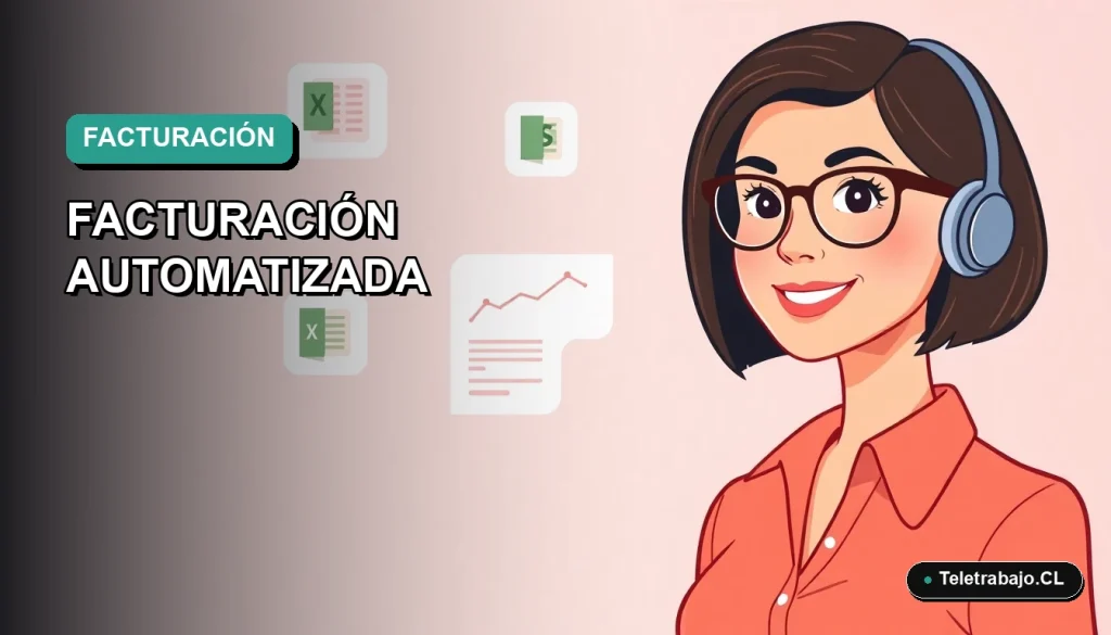 Ilustración vectorial plana de estilo premium que muestra una mujer profesional chilena trabajando de forma remota junto a elementos de automatización de facturas en Excel, sobre un fondo degradado moderno.