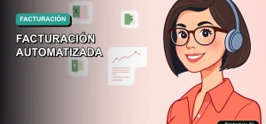 Ilustración vectorial plana de estilo premium que muestra una mujer profesional chilena trabajando de forma remota junto a elementos de automatización de facturas en Excel, sobre un fondo degradado moderno.