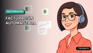 Ilustración vectorial plana de estilo premium que muestra una mujer profesional chilena trabajando de forma remota junto a elementos de automatización de facturas en Excel, sobre un fondo degradado moderno.